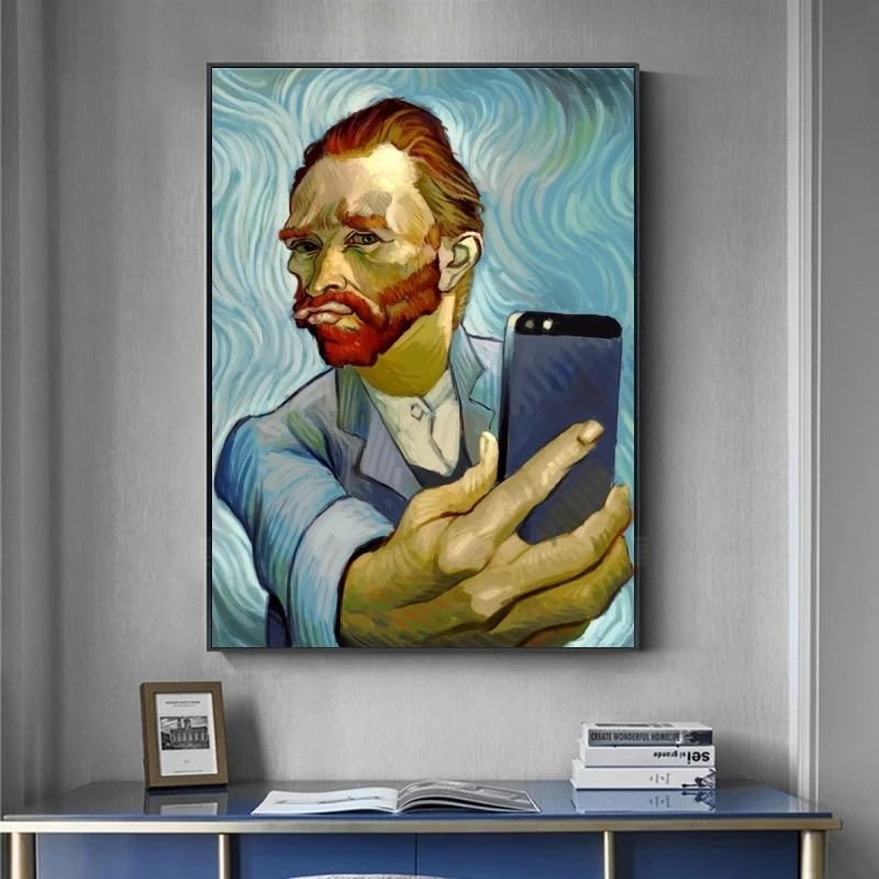 Забавно Изкуството на Ван Гог Селфи По Телефона Платно 5D САМ Налитый Лепило Диамантена Живопис Комплекти Назъбен Край Абстрактен Портрет на Ван Гог Изображение 1