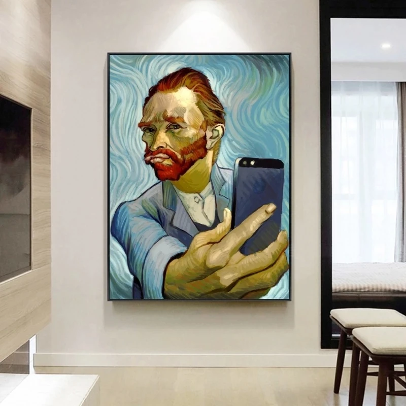 Забавно Изкуството на Ван Гог Селфи По Телефона Платно 5D САМ Налитый Лепило Диамантена Живопис Комплекти Назъбен Край Абстрактен Портрет на Ван Гог Изображение 2