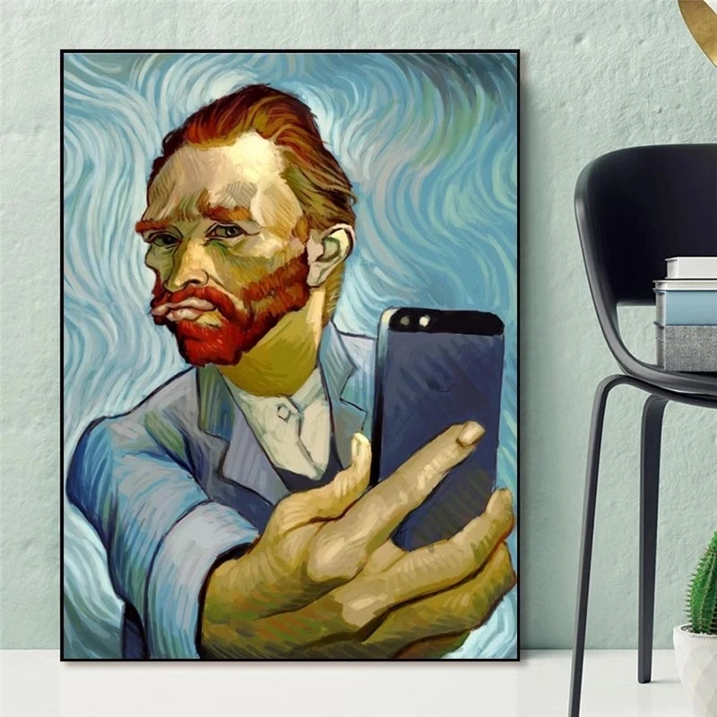 Забавно Изкуството на Ван Гог Селфи По Телефона Платно 5D САМ Налитый Лепило Диамантена Живопис Комплекти Назъбен Край Абстрактен Портрет на Ван Гог Изображение 3