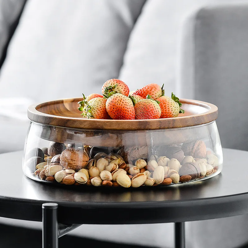 Тава в европейски стил двуслойни стъклена тава за сушени плодове, пъпеш, ядки, дървена кутия за съхранение на шоколадови бонбони Изображение 0