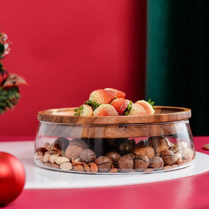 Тава в европейски стил двуслойни стъклена тава за сушени плодове, пъпеш, ядки, дървена кутия за съхранение на шоколадови бонбони Изображение 1