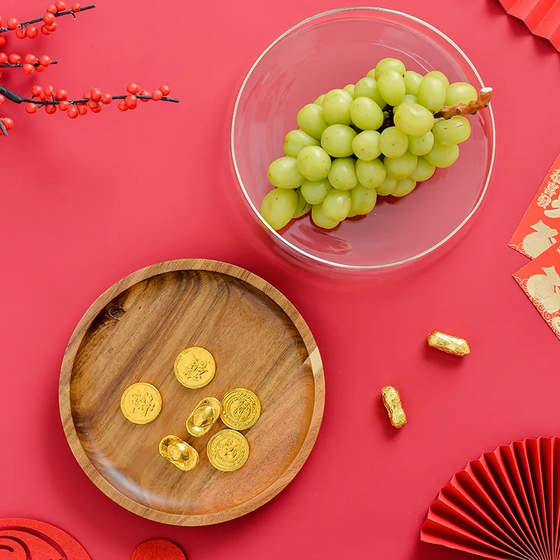 Тава в европейски стил двуслойни стъклена тава за сушени плодове, пъпеш, ядки, дървена кутия за съхранение на шоколадови бонбони Изображение 2