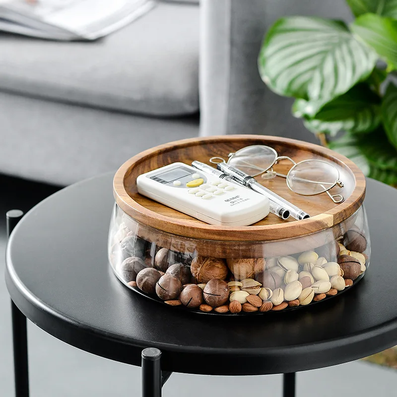 Тава в европейски стил двуслойни стъклена тава за сушени плодове, пъпеш, ядки, дървена кутия за съхранение на шоколадови бонбони Изображение 3